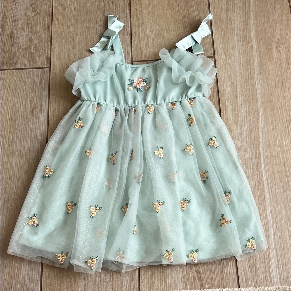 Girls Mint Green Floral Tulle Dress, size 4T